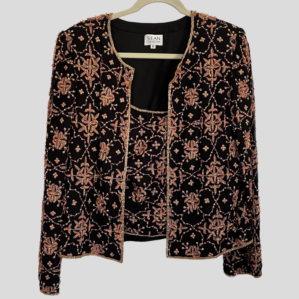 Sean Collection Med Evening Jacket & Tank Set Formal Black Silk Beaded Sequin